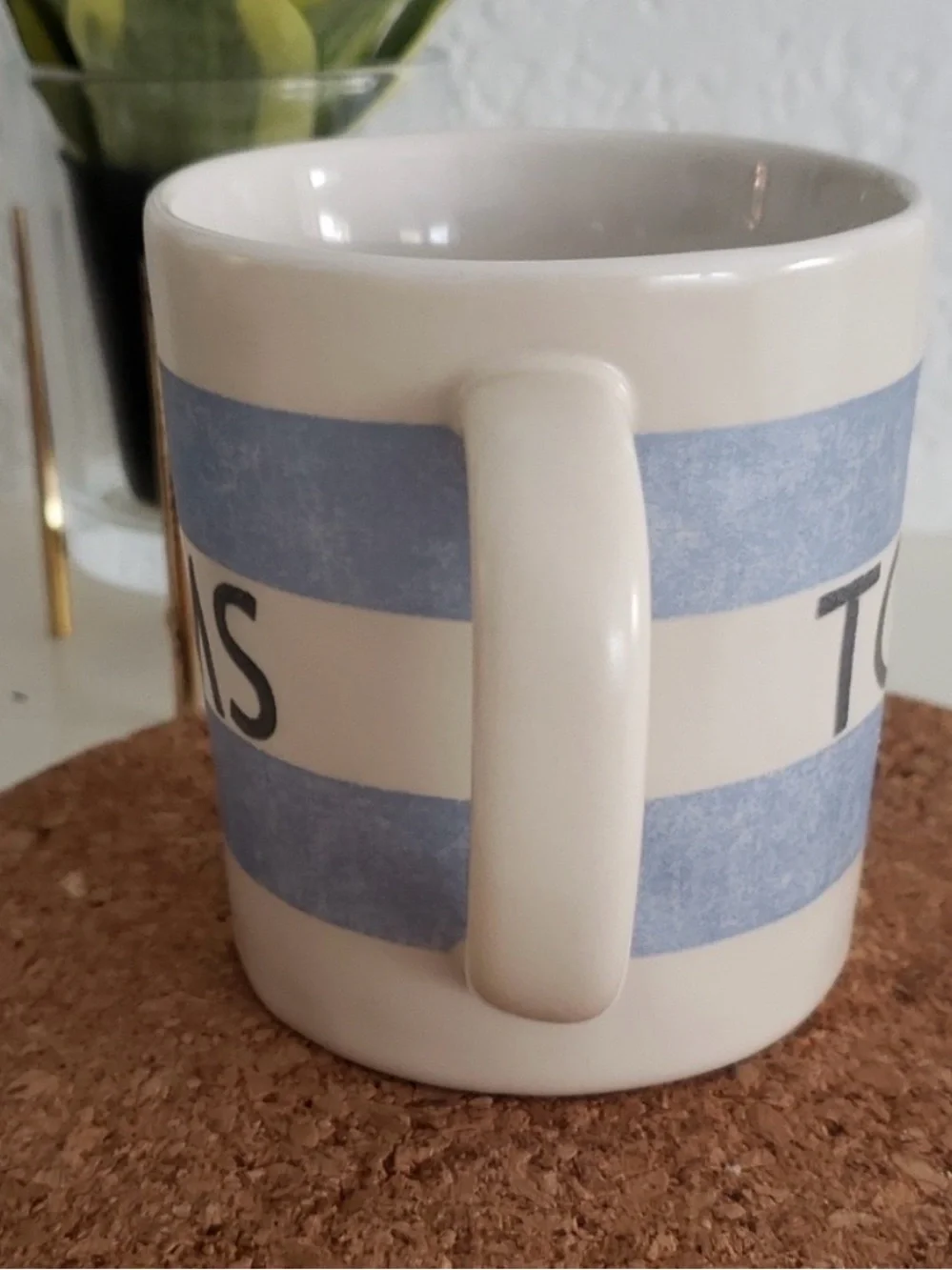TOMS White Ceramic Mug with Light Blue Stripes